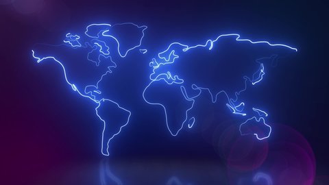 Abstract world map outline Glowing Neon lights animated background