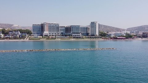The building of a new hotel in Limassol.  Panoramic span of the Dron from the front of the hotel.