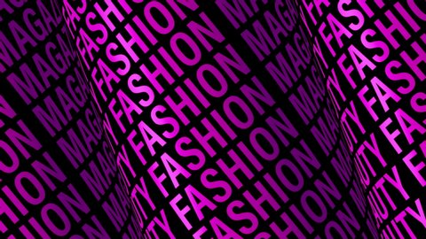 BEAUTY FASHION MAGAZINE purple text word tube rotating animation seamless loop background. 4K 3D rendering text cylinder kinetic looping for your fashion title or trailer footage.
