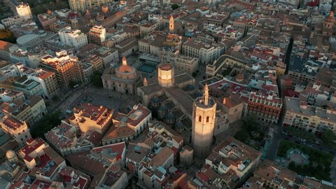 Aerial view. Valencia, Spain panning around the Miguelet Bell Tower and Cathedral.