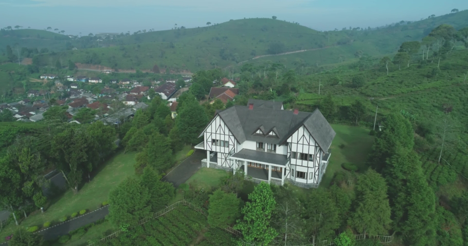 Established Aerial View of Lakeside Villa with Germany Architecture Design At Cukul Pangalengan, Pengalengan, West Java Indonesia