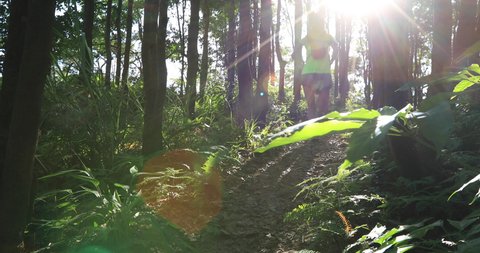 Young woman trail runner running in sunrise tropical forest,lens flare