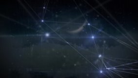 Animation of global network of connections and data processing,  with crescent moon and clouds seen from aeroplane cockpit in the background. Global connections travel concept digital composite. - Powered by Shutterstock - Get 15% off with code: PIKWIZARD15