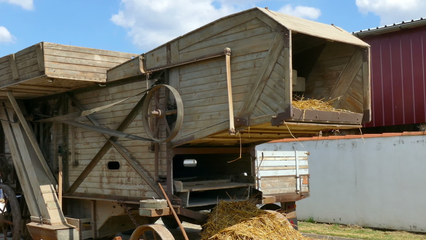 Old Wheat Thresher / How to threshing wheat at the end of the 19th century.Steam engine driven threshing machines using belts