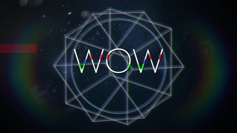 Animation of vintage video game screen with the word Wow written in white capital letters with geometric shapes rotating rainbow halo spots of light on dark blue background. Vintage video game concept