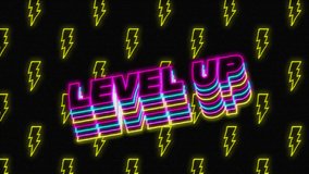 Animation of vintage video game screen with the words Level Up overlapping in magenta, cyan, yellow outlined capital letters bouncing with yellow flash shapes moving and a green circle. - Powered by Shutterstock - Get 15% off with code: PIKWIZARD15