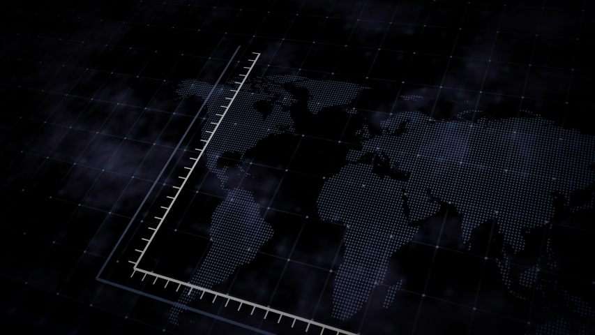 Animation of rising blue bar graph following the arrow on a background of a dotted world map. 3d render. Royalty-Free Stock Footage #1055938040