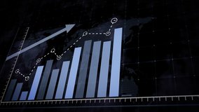 Animation of rising blue bar graph following the arrow on a background of a dotted world map. 3d render. - Powered by Shutterstock - Get 15% off with code: PIKWIZARD15