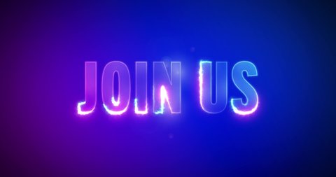 Join us. Electric lightning words. Burning Logotype on purple blue background. High quality 4k footage