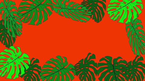 Green monstera and palm leaves forming beautiful frame and colourful red and orange background. Copy space.