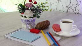Office and school supplies on wooden table background