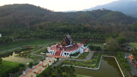 Aerial view of the Royal pavilion in Park Rajapruek during sunset time at Chiang Mai, Thailand	