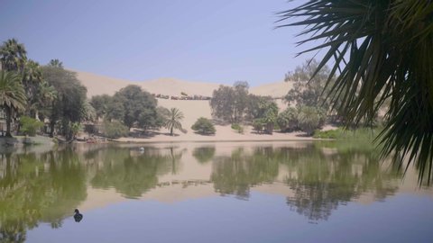 Oasis and Tiny Village of Huacachina in Ica region, Peru. Huacachina is a desert oasis and tiny village just west of the city of Ica in southwestern Peru.