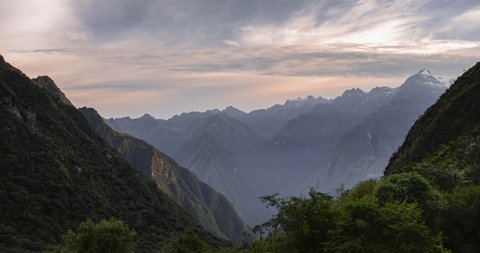 Inca Trail landscape timelapse of Andes Mountains in Peru. Time lapse at sunset of cloudsing on the famous hike to Machu Picchu through Peruvian scenery