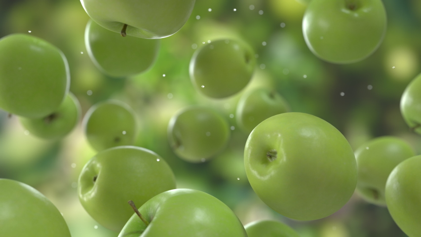 Green Apples Falling Down with Water Drops in Super Slow Motion on Natural Background. Endless Seamless Loop 3D Animation Royalty-Free Stock Footage #1055962688