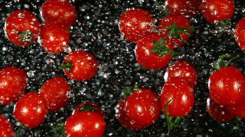 Super Slow Motion Shot of Flying Fresh Tomatoes and Water Side Splash on Black Background at 1000fps.