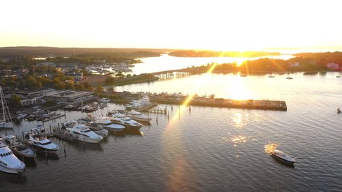 Aerial Flyover Of Beautiful Sag Harbor In The Hamptons At Sunset
