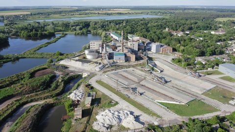Aerial view of a sugar mill (sugar factory) on a sunny summer day