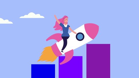 businesswoman in rocket with statistics bars animated ,4k video animation