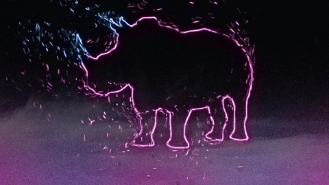 4K video animation of beautiful outline of Rhino, with neon lighting and dispersion effect. animal outline with neon light effect isolated on black background.
