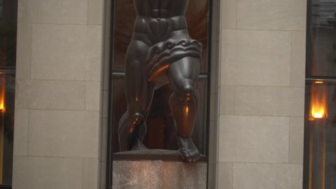 Manhattan, New York City, United States of America - CIRCA 2020: Statue of Atlas along Fifth Avenue in the Rockefeller Center NYC NY USA