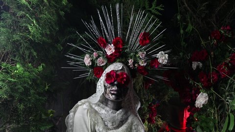 Fabulous stylization of Santa Muerte - Holy Death - modern religious cult. Concept Art fairy tale 4K footage.