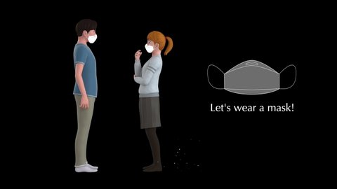 A slogan that recommends to wear a mask to prevent getting infectious disease against viruses or bacteria is shown in 3D animation with two people facing each other