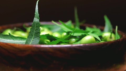 Neem fruit in wooden bowl with neem paste or juice,neem leaves,ayurvedic neem,neem branch on table, selective focus without noise,neem herbs ,herbal neem,herbal neem leaves, 