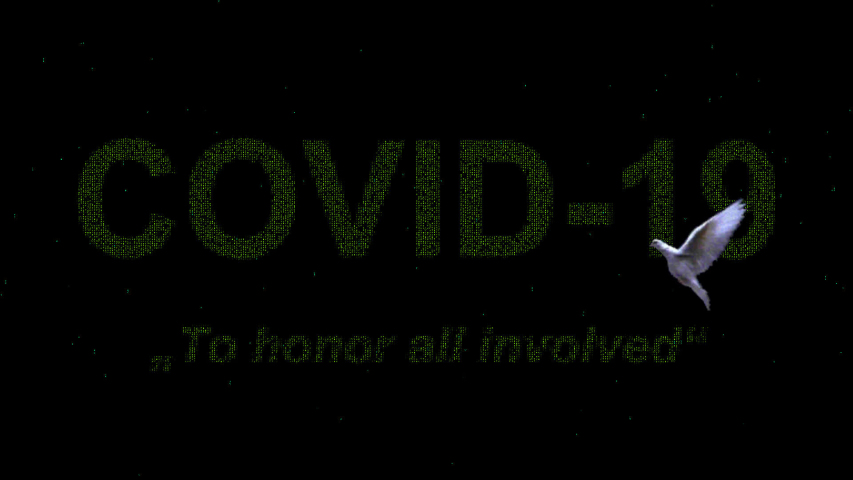 COVID-19 theme related color motion footage clip with matrix-like text and flying dove