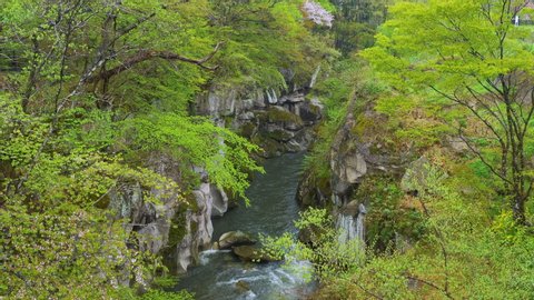 Wide angle tilt down footage with a scenic landscape with a river in a gorge, Rairaikyo Gorge, Sendai, Miyagi Prefecture, Japan