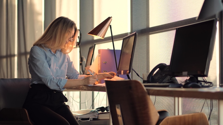 Businesswoman Booker Overworked On Project Deadline. Accountant Overtime Work. Lawyer Businesswoman Working On Financial Statement. Accountant Calculate Profit. Bookkeeper Auditing In Office Workplace