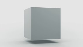 Abstract 3D animation of a white cube that splits into many small cubes in zero gravity. Cubes turn into spheres. But then the geometry and shapes are restored.