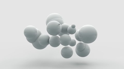 Abstract 3D animation of a white cube that splits into many small cubes in zero gravity. Cubes turn into spheres. But then the geometry and shapes are restored.