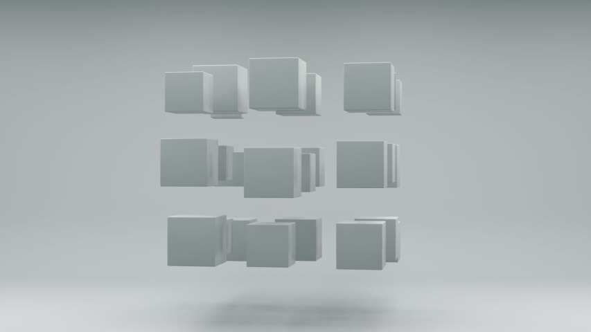 Abstract 3D animation of a white cube that splits into many small cubes in zero gravity. The cubes change size, but then the geometry and shape are restored. | Shutterstock HD Video #1055981687
