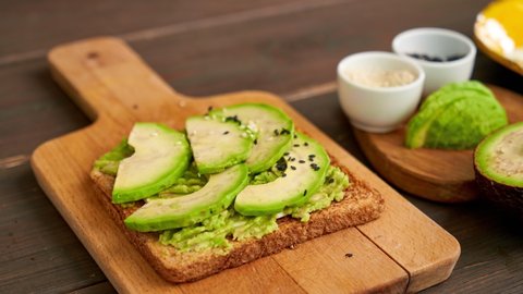 Stop motion video of cooking sandwich with avocado. Toast with avocado. Stop motion animation