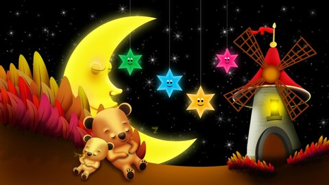Bear cartoon. Kids sleep background. Looped moon, Wind turbine. stars at night animation.