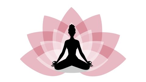 A woman is engaged in yoga, in the lotus position meditates on the background of pink and white lotus petals on a white background.
