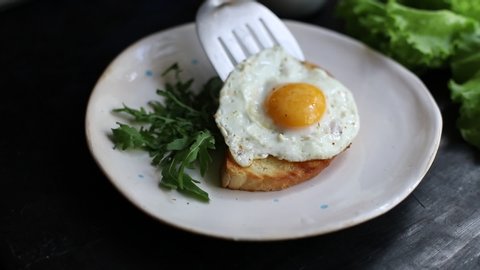 fried egg toast breakfast on a white plate omelette food background top view copy space organic eating healthy raw