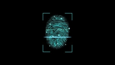 Motion of animation of fingerprint colorful neon Touch ID futuristic digital processing. Points connecting by lines. Security, guard concept for mobile application or smartphone unlock.