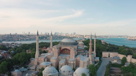 Aerial view of Hagia Sophia (Ayasofya Camii) in Istanbul. Empty Streets without people. Quarantine days. 4K Footage in Turkey