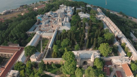 Aerial view of Topkapi Palace and Historical Peninsula in Istanbul. Empty Streets without people. Quarantine days. 4K Footage in Turkey