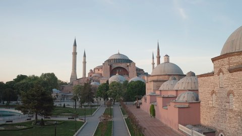 Aerial view of Hagia Sophia (Ayasofya Camii) in Istanbul. Empty Streets without people. Quarantine days. 4K Footage in Turkey