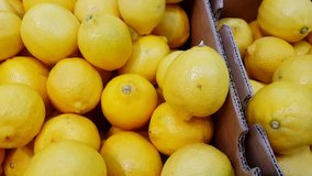 Fresh whole yellow lemons in cardboard boxes on the counter of a vegetable store, slow camera movement, top view, 4K Video