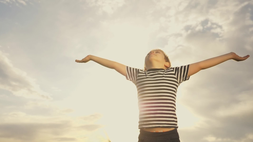 Happy kid praying in the park. Kid in a field with wheat praying raised his hands to the sides. Happy child closing his eyes looks to the sky. Child prays to the sky childhood dreams. Spiritual prayer Royalty-Free Stock Footage #1056004403