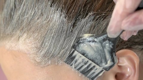 brush applying hair dye hair dying procedure close up