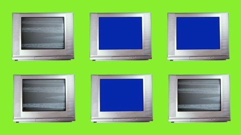 Six Retro TVs turning on Blue Screens over Green Background. 
