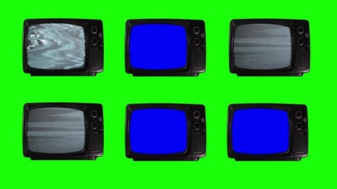 Six Retro TVs turning on Blue Screens over Green Background. 