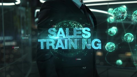 Businessman with Sales Training hologram concept
