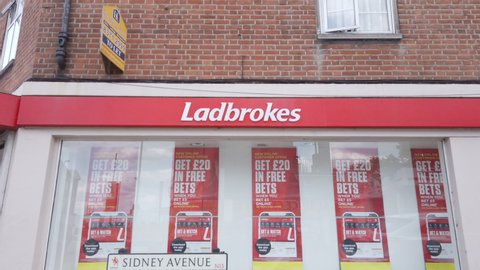 London / UK - July 12th 2020 - Ladbrokes exterior in Wood Green, North London. Ladbrokes Coral is a British betting and gambling company based in London.