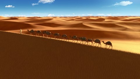 People and camel caravan walking on the dunes under scorching sun, golden Sahara desert landscape, panning shot